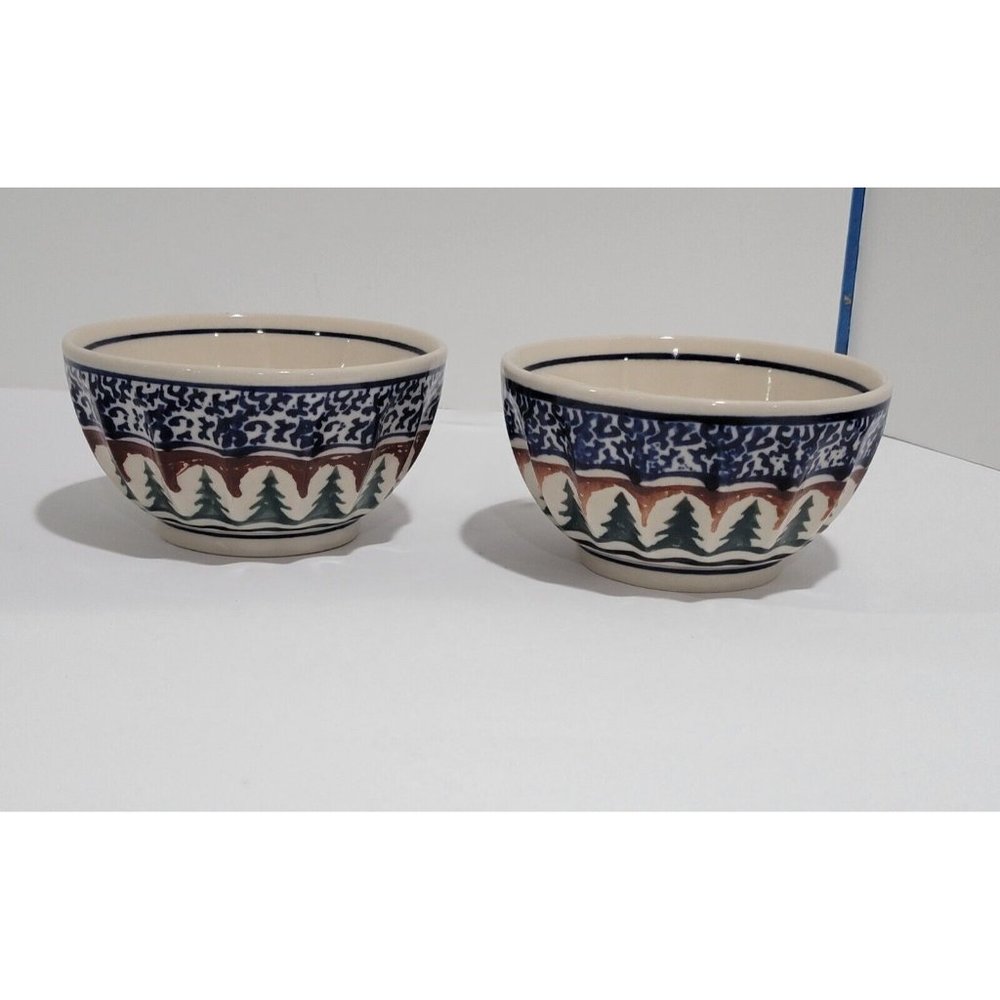 2x Boleslawiec Polish Pottery Ramekin Bowl Christmas Tree Stars Pine Boughs